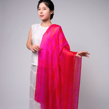 100% Mulberry Silk Scarf, Hot Pink With Red Stripes In Gift Box, 3 of 10