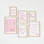 Girls Affirmation Pink Themed Personalised Wall Print Set For Bedroom Or Nursery, thumbnail 1 of 5