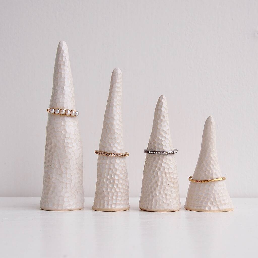 Handmade White Ceramic Circle Texture Ring Display Cones, 1 of 7