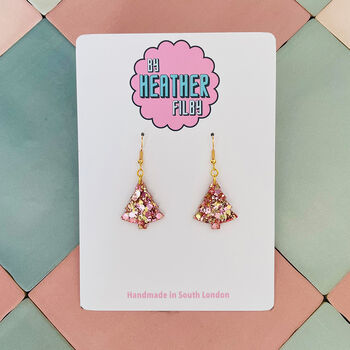 Caramel Swirl / Gold And Pink Glitter Christmas Tree Earrings, 7 of 10