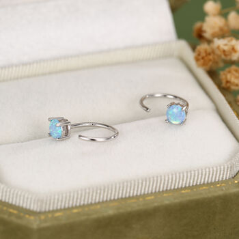 Blue Opal 4mm Open Huggie Hoop Earrings In Sterling Silver, 4 of 12