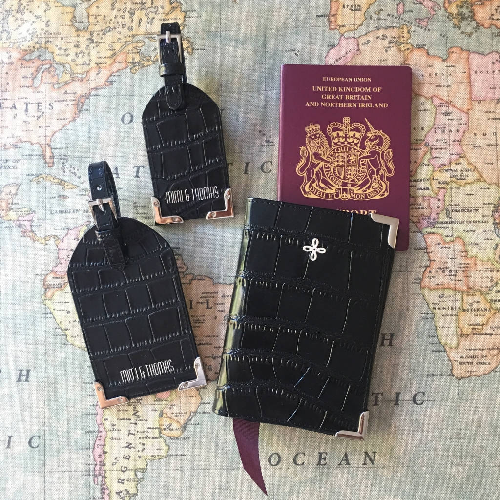 Black Crocodile Leather Passport Cover Luggage Tags, 1 of 2
