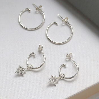 Sterling Silver North Star Charm Hoop Earrings, 3 of 6