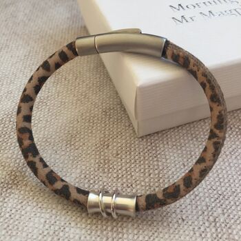 Leopard Print Leather Bangle With Silver And Gold Rings, 5 of 7