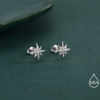 Sparkly Cz Starburst Stud Earrings In Sterling Silver, 2 of 12