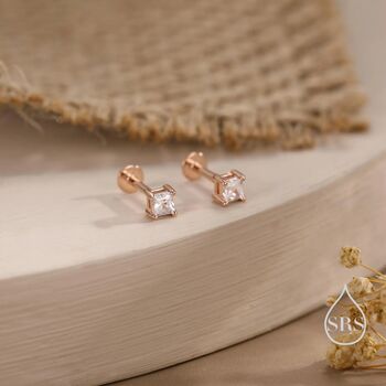 Sterling Silver Tiny Square Cz Earrings, 7 of 12