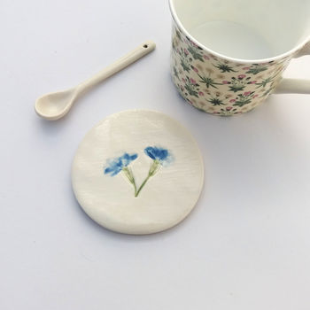 Handmade Ceramic Coasters With Blue Flowers, 3 of 4