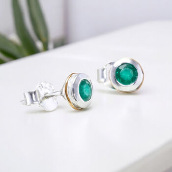 Simple Molten Sterling Silver Emerald Stud Earrings, 3 of 8