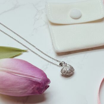 Pearl Shell Necklace – Opens To Reveal A Pearl, Silver Plated With Cubic Zirconia Detail, 7 of 8