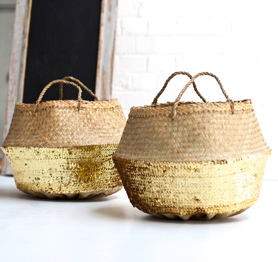 Gold Sequin Dipped Seagrass Basket, 1 of 6