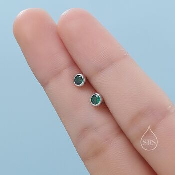 Sterling Silver Green Cz Bezel Internally Threaded Flat Back Earrings, 6 of 10