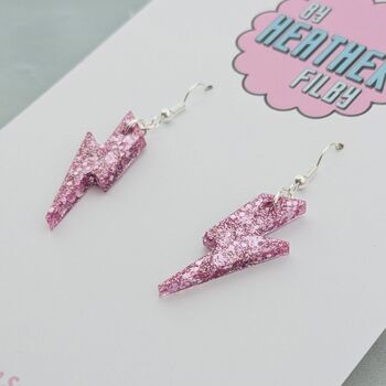 Pink Glitter Lightning Bolt Earrings Small And Large, 5 of 11