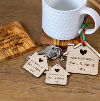 Personalised New Home Gift Set With Matching Keyrings, Coasters And Keepsake Ornament, 7 of 9