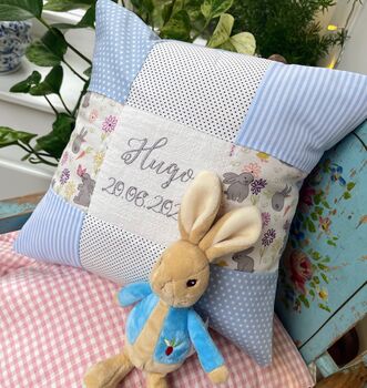 Personalised Blue And Grey Bunny Name Cushion, 4 of 6