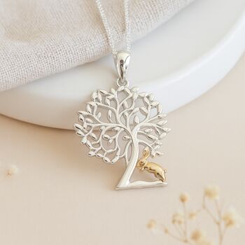 Personalised Sterling Silver Tree Of Life Pendant With Gold Hare, 2 of 8