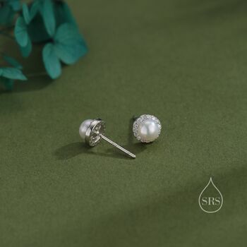 Sterling Silver Genuine Freshwater Pearl Cz Stud Earrings, 4 of 12