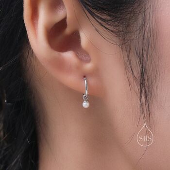 Sterling Silver Tiny Mother Of Pearl Huggie Hoop Earrings With Sleeper Hoops, 4 of 12