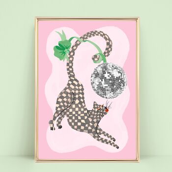 Checkerboard Cat And Disco Ball Art Print, 3 of 3