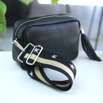Personalised Black Crossbody Bag With Patterned Strap, 3 of 8