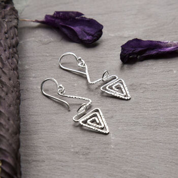Sterling Silver Dangly Textured Triangle Swirl Earrings, 2 of 4