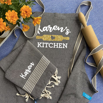 Personalised Cotton Kitchen Apron And Tea Towels, 4 of 12