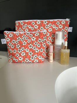 Pink Strawberry Flowers Cotton Linen Mix Makeup Bag, 2 of 5