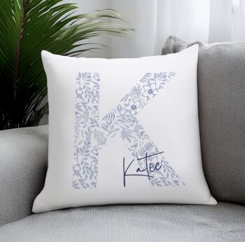 Personalised Floral Blue Initial Cushion, 3 of 4