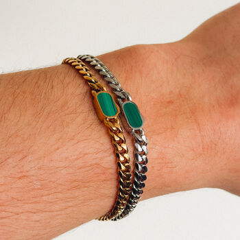 Silver Malachite Gemstone Cuban Bracelet For Men, 9 of 11