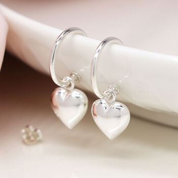 Sterling Silver Half Hoop Earrings With Heart Charm, 2 of 9
