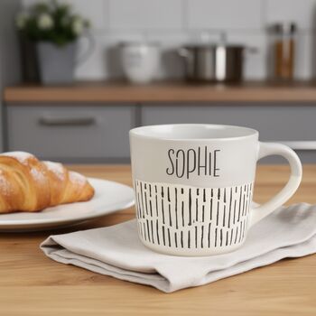 Personalised Grey And Black Dashed Stoneware Mug With Blue Rim, 2 of 7