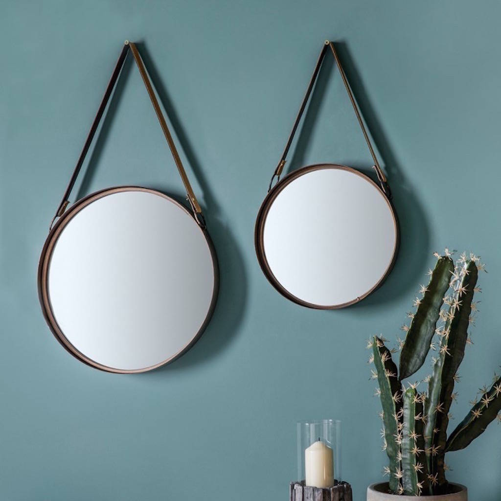 Set Of Two Round Mirrors With Faux, Round Hanging Mirror With Leather Strap