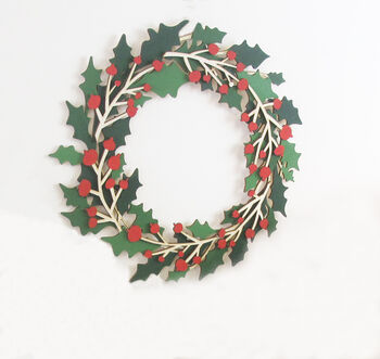 Hand Painted Holly And Red Berry Wooden Christmas Wreath, 3 of 4