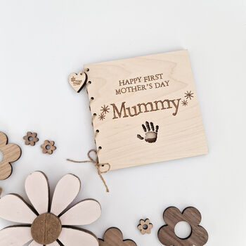 Personalised First Mother's Day Maple Wooden Card With Handprint Cut Out, 6 of 7