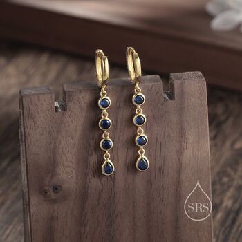 Sterling Silver Sapphire Blue Cz Dangle Chain Huggie Hoop Earrings, 3 of 12