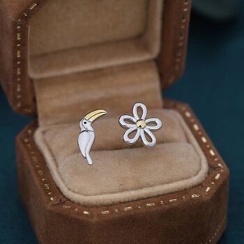 Mismatched Toucan And Flower Stud Earrings In Sterling Silver, 4 of 9