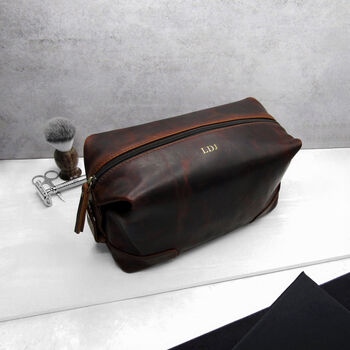 Personalised Special Date Men's Brown Leather Wash Bag, 2 of 6