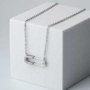Sterling Silver Crystal Safety Pin Pendant Necklace, 3 of 6