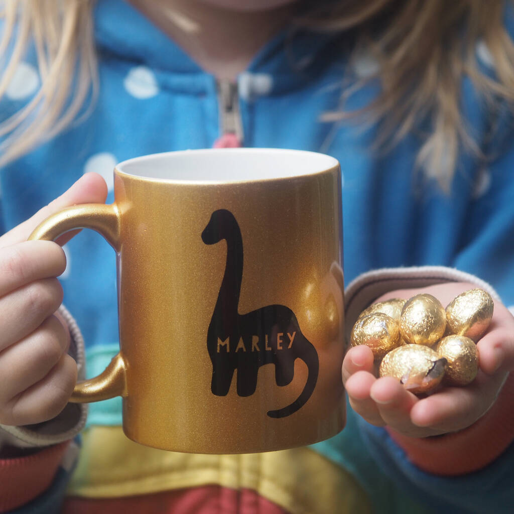 Gold Dinosaur Mug With Chocolate Eggs