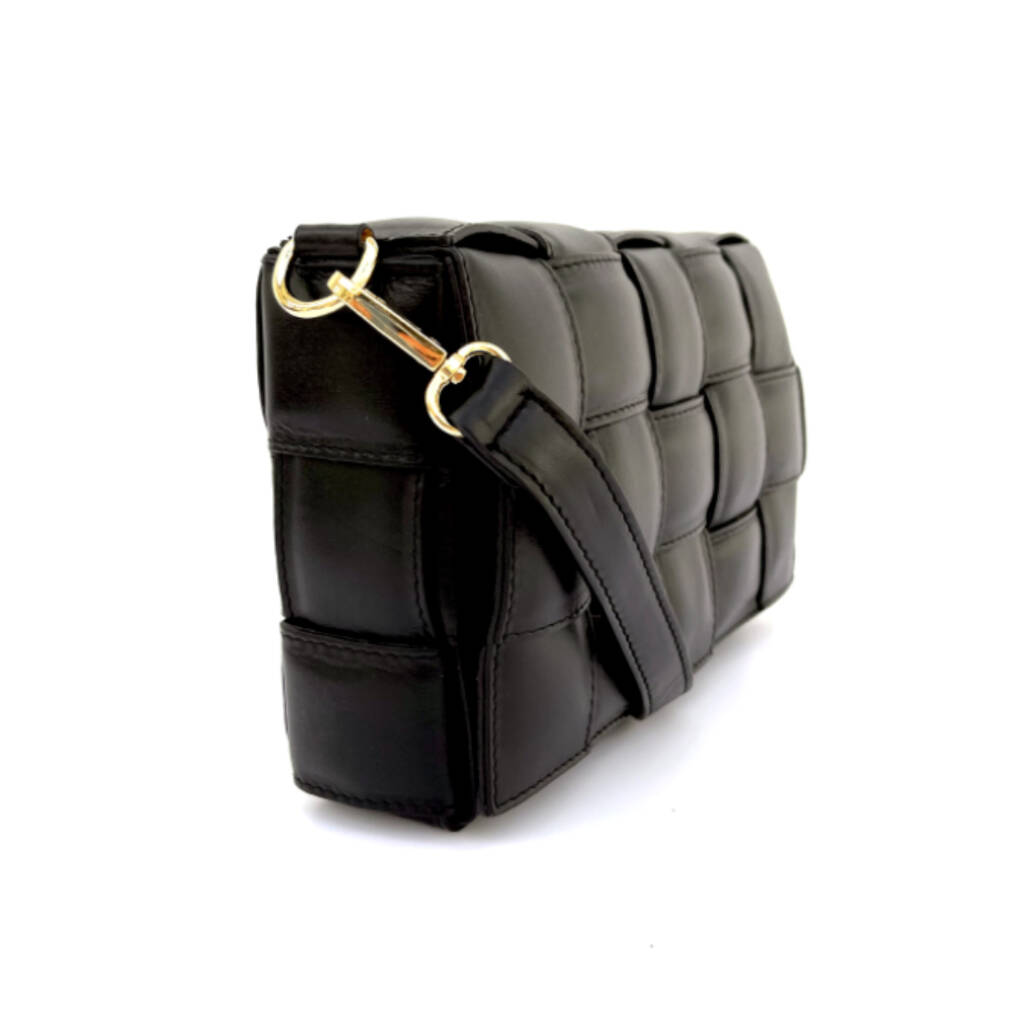 Black Padded Woven Leather Crossbody Bag By Apatchy