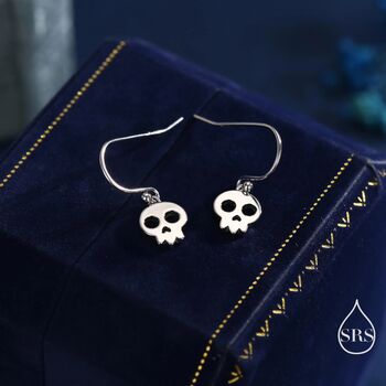 Sterling Silver Cute Skull Drop Hook Earrings, 2 of 11