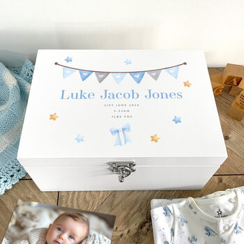 Personalised Blue Garland Baby White Keepsake Box Three Sizes, 4 of 9