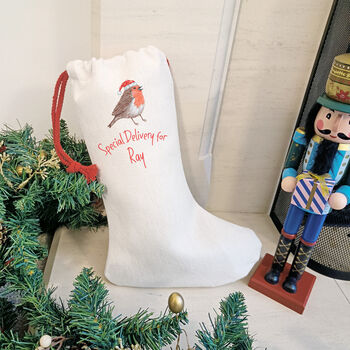 Personalised Robin Christmas Stocking. Special Delivery, 3 of 6