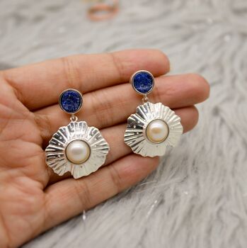 Raw Lapis Lazuli And Pearl Sterling Silver Earrings, 3 of 6