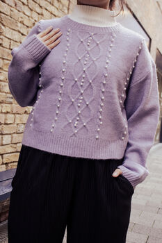 Lilac Cable Knit Pearl Embellished Jumper, 4 of 4