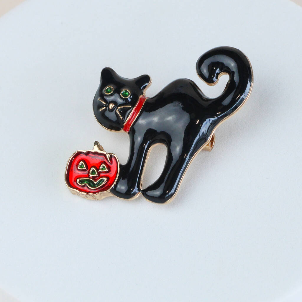 Black Cat And Carved Pumpkin Brooch, 1 of 2