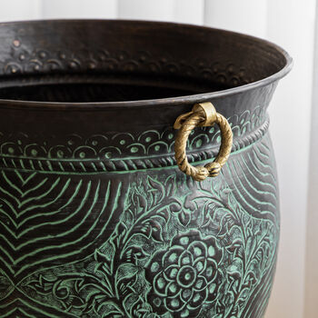 Brass Planter Large Engraved Distressed For Indoor Use, 5 of 8