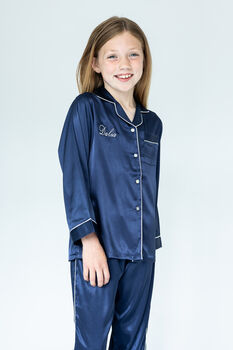 Personalised Girl's Navy Satin Pyjama's, 6 of 9