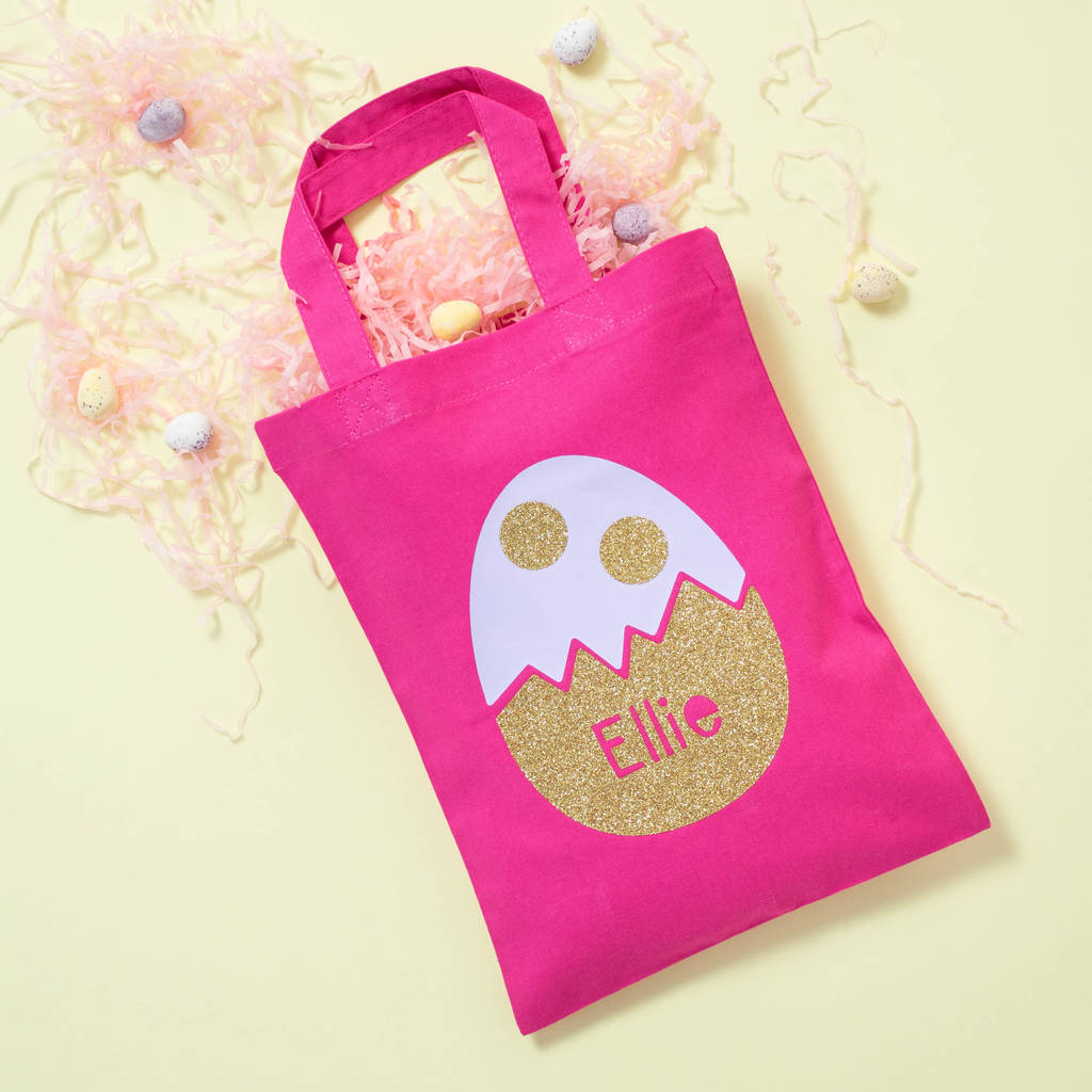 COTTON EGG HUNT GIFT BAG PERSONALISED NAME GLITTER EASTER TREAT BAG TOTE BAG