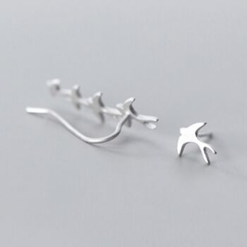 Sterling Silver Asymmetrical Flying Swallow Stud Earrings, 4 of 7