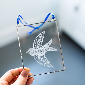 Bird Illustration Hand Engraved Glass Hanging, 3 of 10